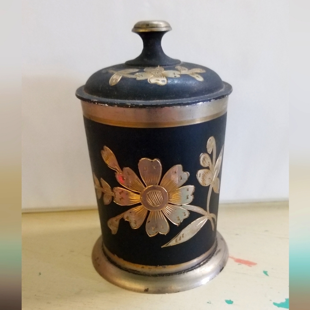 Vintage Etched Black and Brass Cigarette Canister and Matching 2 Small Pitchers